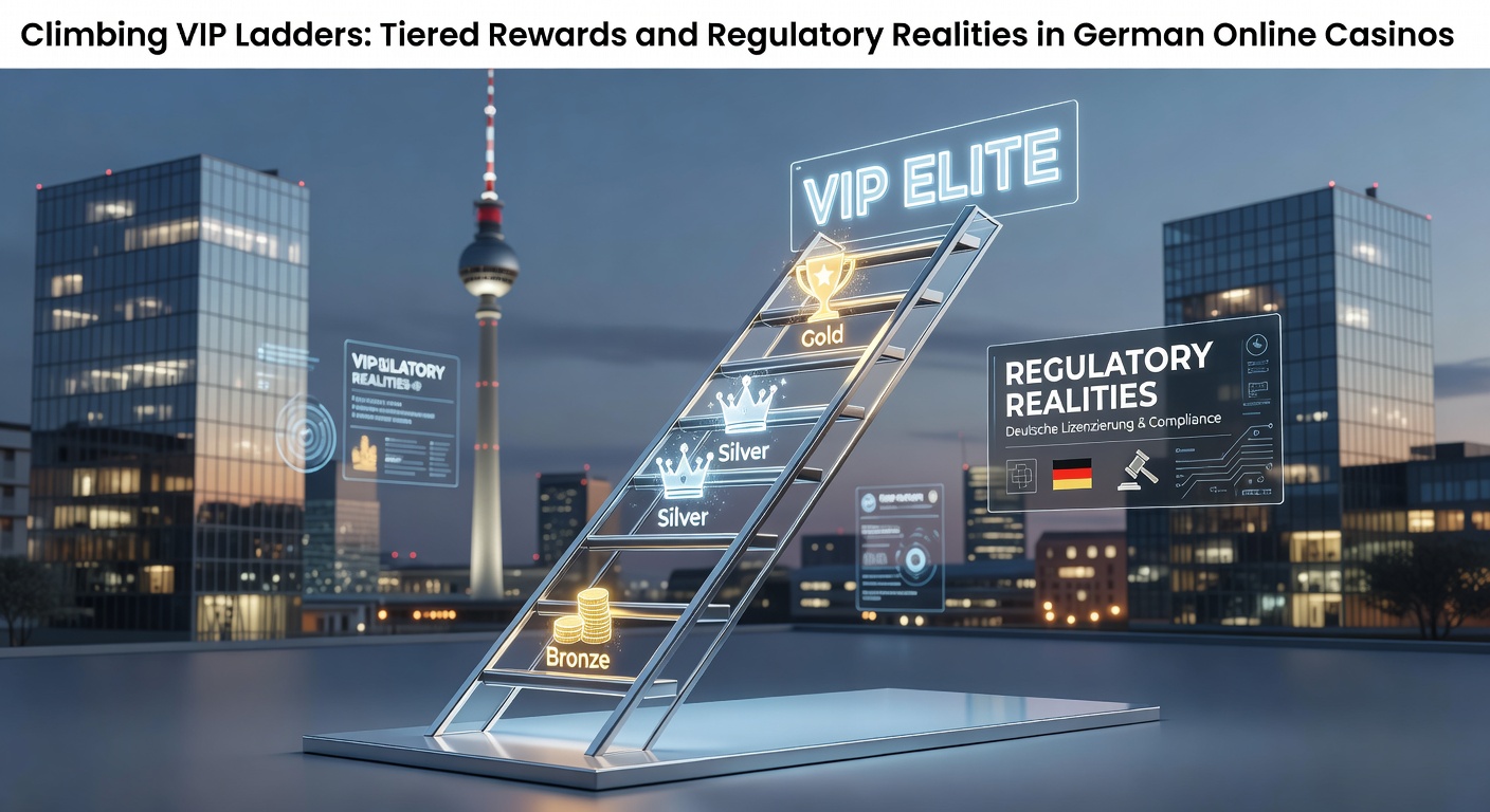 Grafik einer VIP-Leiter mit steigenden Belohnungsstufen in einem Online-Casino, beleuchtet durch regulatorische Rahmenbedingungen