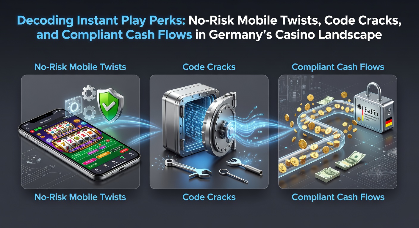 Smartphone mit Instant-Play-Casino-App im Vordergrund, umgeben von Symbolen für Boni, Codes und sichere Auszahlungen auf deutschem Casino-Hintergrund
