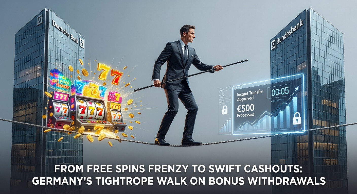 Grafik zeigt ein Seilakt mit Waage, auf einer Seite Freispiele und Boni, auf der anderen schnelle Auszahlungen vor deutschem Casino-Hintergrund